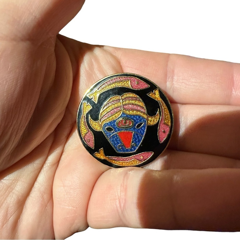 80s B Lavallee Multicolor Enamel Muskox Head Swimming Fish Brooch Inuit Inspired